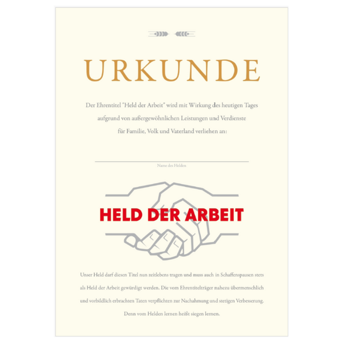 Urkunde - Held der Arbeit A5