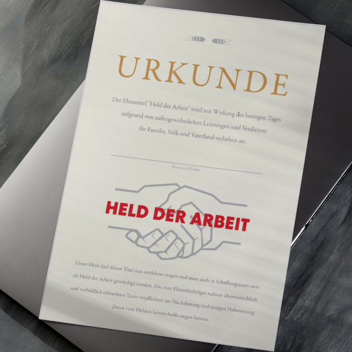 Urkunde - Held der Arbeit A5